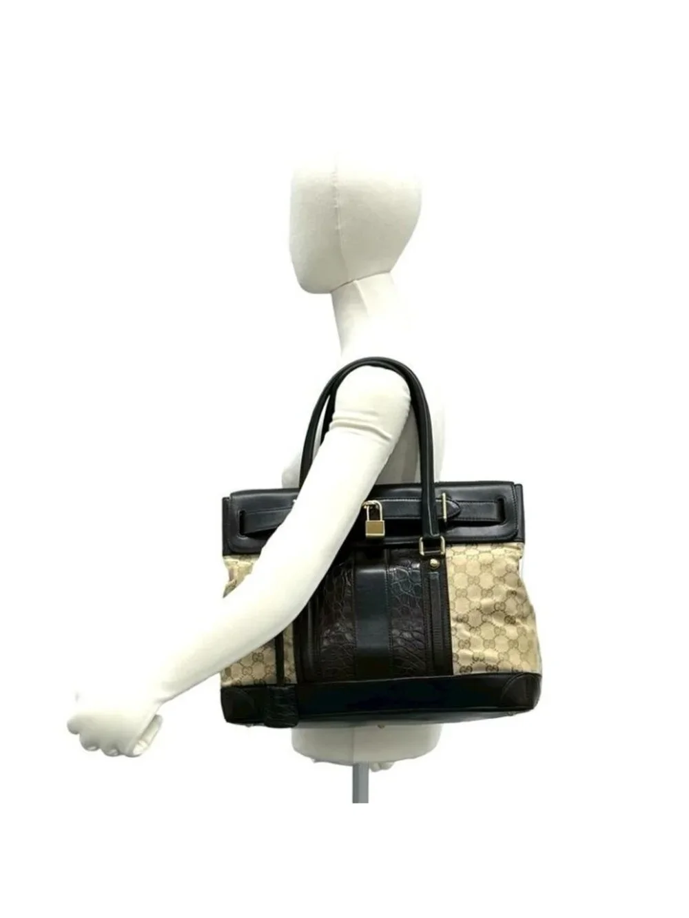 Gucci GG Canvas Croco Embossed Leather Tote Boston Bag Beige Brown - Picture 2 of 10